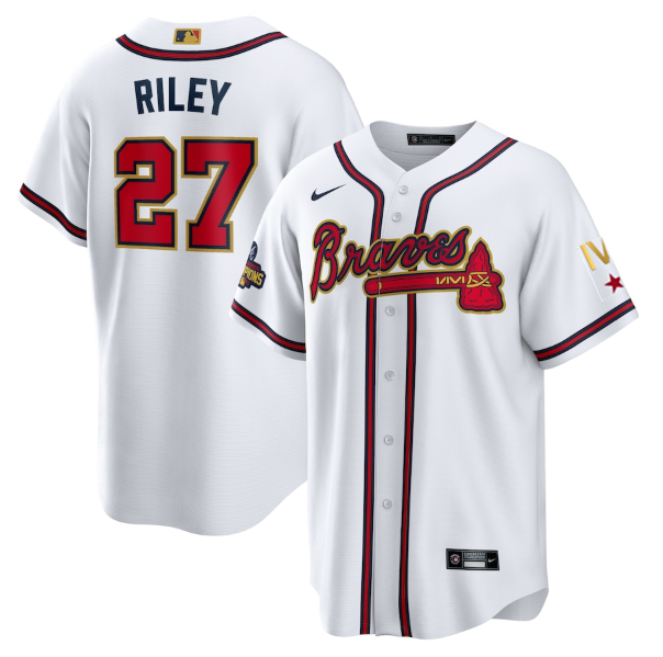 Men's Atlanta Braves #27 Austin Riley 2022 White/Gold World Series Champions Program Cool Base Stitched Baseball Jersey